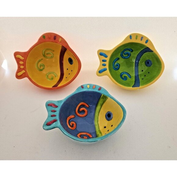 CONDIMENT/SERVING BOWLS-Colorful-Whimsical-Fish-Blue Yellow Green Orange-Set 3 - Picture 5 of 9
